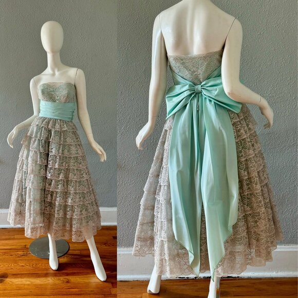 Vintage 50s Strapless Lace Bow Wedding Cupcake Tulle Party Dress XS
